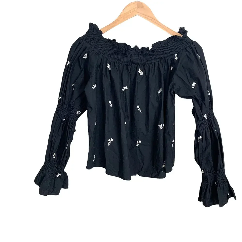 Zara Trafaluc Black White Off Shoulder Top Floral Embroider Puff Sleeve Blouse S